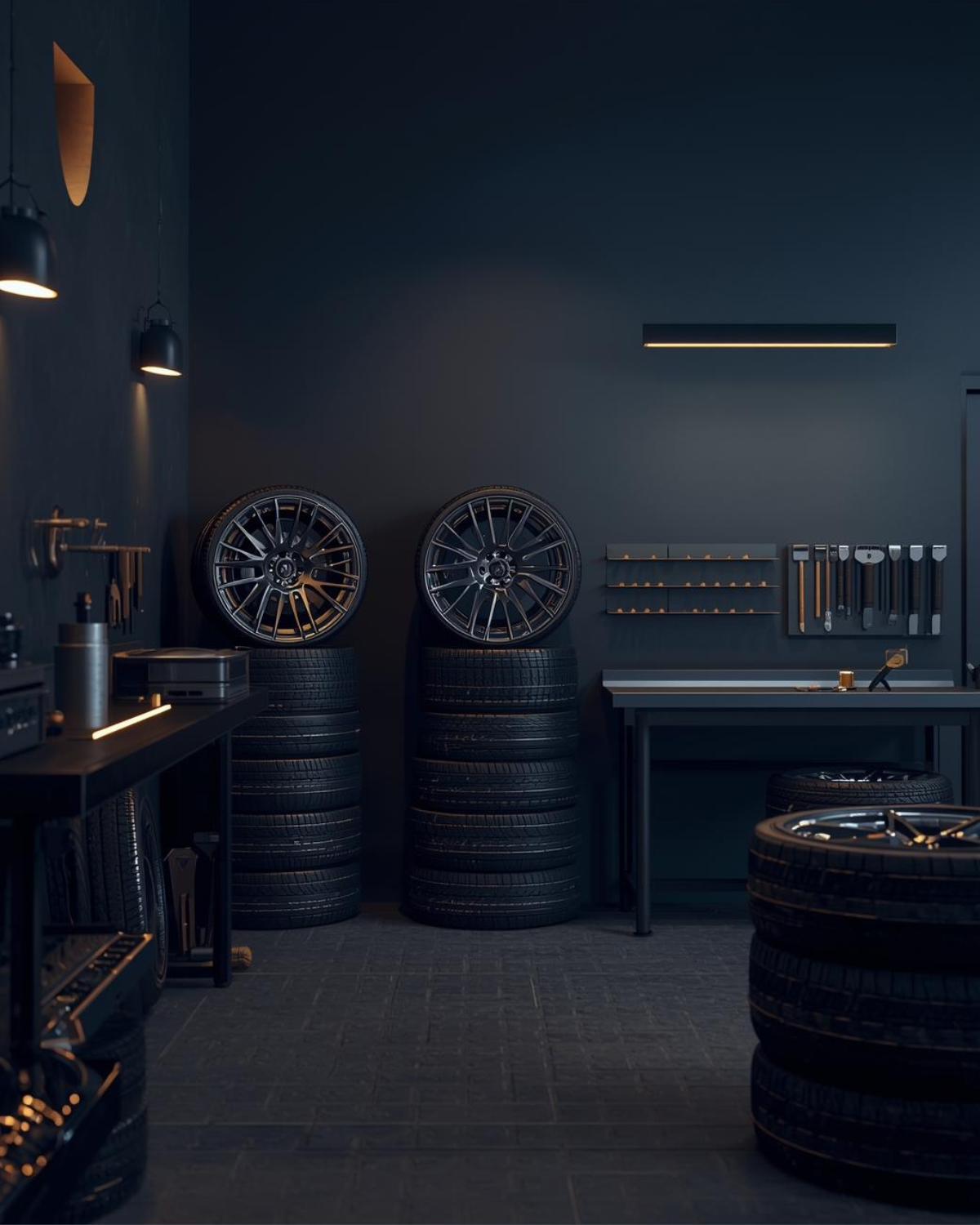 Kyvinta workshop with wheels and tires